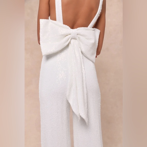 Lulus white sequin low back Jumpsuit with detachable Bow NWOT - Picture 3 of 3